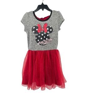 Disney Minnie Mouse Rock The Dots Gray Red Short Sleeve Tutu Dress Small 6/6X